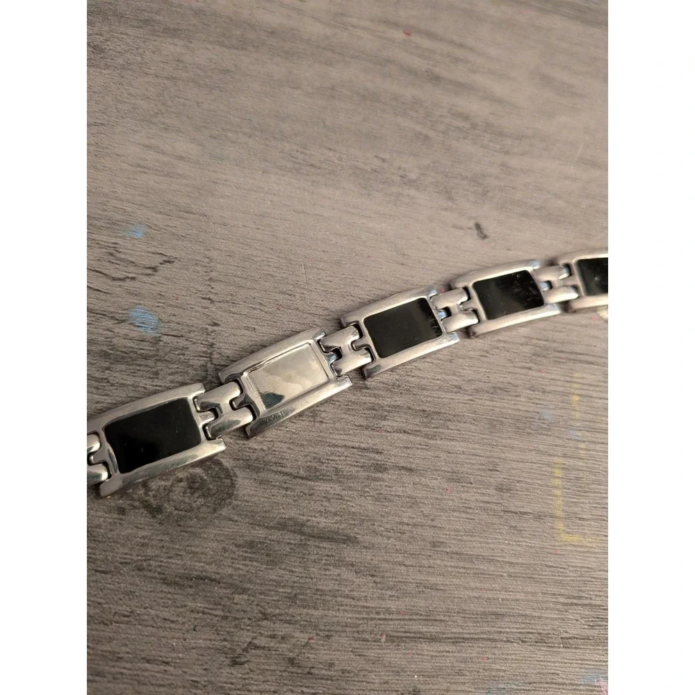 Mens Stainless Steel Black Enamel Link‎ Bracelet Silver Tone 9 Inch Modern Style
